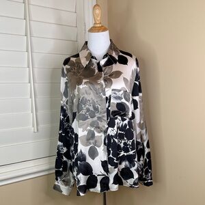 Zara Black, Cream & Taupe Floral Satin Button-Down Blouse